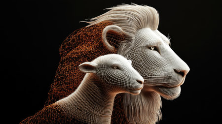 This stunning 3D wireframe model features a lion and a lamb, showcasing intricate geometric shapes. The artwork highlights contrasting textures and artistic representation of wildlife.の素材