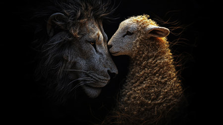 A striking portrayal of a lion and sheep connecting in a dark setting, highlighting the contrast between strength and gentleness, evoking feelings of unexpected harmony.の素材