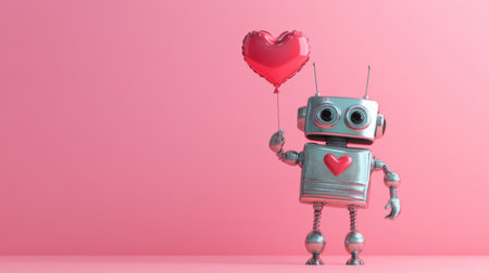 This adorable robot character holds a shiny heart balloon against a soft pink background, representing love and joy, perfect for Valentine Day themes.の素材