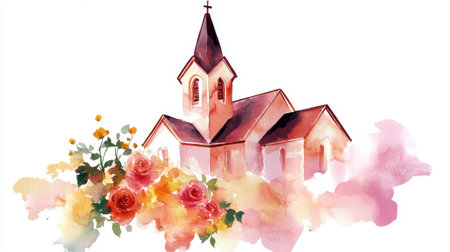 A beautiful watercolor illustration featuring a charming church surrounded by vibrant flowers, creating a serene and artistic ambiance perfect for various design projects.の素材