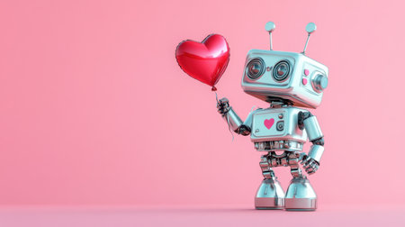 A charming robot character joyfully holds a heart-shaped balloon against a vibrant pink backdrop. This playful image captures themes of love and fun, perfect for festive occasions.の素材