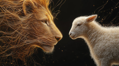 A breathtaking portrayal of a lion and sheep sharing an intimate gaze. This captivating image illustrates the contrast between strength and innocence in nature.の素材