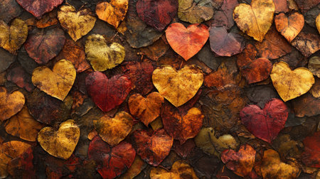 A vibrant arrangement of colorful heart shapes crafted from autumn leaves, showcasing a warm palette of reds, oranges, and yellows, perfect for seasonal themes.の素材