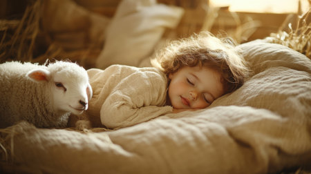 A serene scene featuring a peaceful child sleeping beside a cute lamb in a cozy setting. The warm light and soft textures create a heartwarming moment of innocence and tranquility.の素材