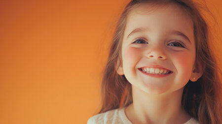 A joyful young girl beams with a bright smile against a vibrant orange background, capturing the essence of childhood happiness and innocence in a captivating portrait.の素材
