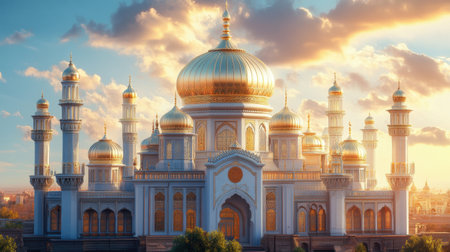 This stunning palace showcases intricate architecture with gleaming golden domes, set against a vibrant sunset sky that highlights its beauty and grandeur.の素材