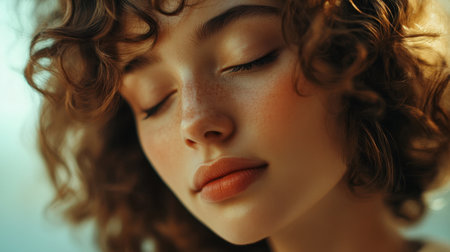This close-up portrait captures a serene young woman with curly hair and natural makeup, radiating beauty and tranquility in soft natural light.の素材