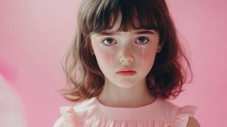 A poignant portrait of a young girl with tears on her cheeks, showcasing deep emotions against a soft pink backdrop. The image captures innocence and vulnerability.の素材