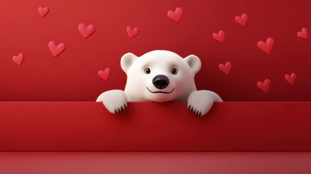 This delightful illustration features a charming polar bear peeking over a red surface, surrounded by floating hearts, ideal for conveying feelings of love and joy.の素材