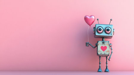 A charming robot character joyfully holds a heart-shaped balloon against a soft pink backdrop, capturing the essence of love and cuteness in a whimsical design.の素材