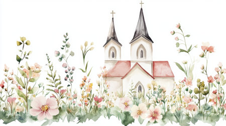 This captivating watercolor artwork features a charming church amidst a colorful array of flowers. It evokes a sense of serenity and beauty, perfect for spring-themed designs.の素材