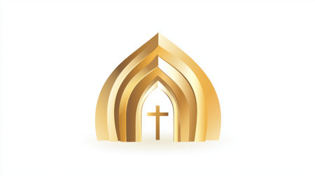 This golden minimalist structure features a cross symbol, ideal for representing religious themes, spirituality, and belief. Perfect for modern design projects.の素材