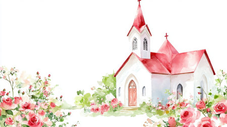 A picturesque church with a striking red roof and charming architecture, surrounded by vibrant roses representing beauty and tranquility, perfect for design.の素材