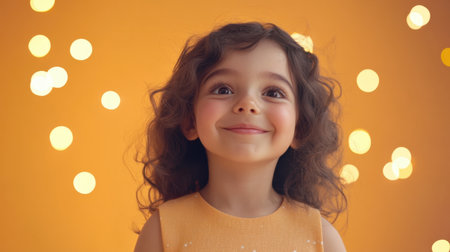 A cheerful young girl with curly hair smiles joyfully against a soft yellow background. Her radiant expression captures the essence of childhood happiness and innocence.の素材