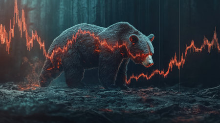 A powerful bear stands in a dark forest, surrounded by a vibrant stock market trend line. This striking image captures the tension between nature and finance.の素材