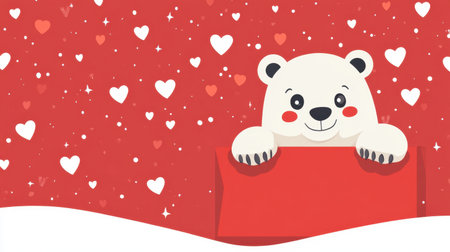 Adorable illustration of a cute polar bear surrounded by hearts against a vibrant red background, perfect for celebrating love and joy in winter festivities.の素材