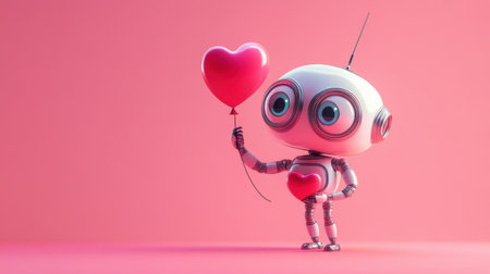This charming robot character holds a heart-shaped balloon against a vibrant pink backdrop. Perfect for concepts of love, technology, and fun creativity.の素材
