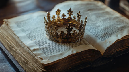 A stunning golden crown rests atop an open vintage book, symbolizing the intersection of power and knowledge. This captivating still-life captures elegance and history.の素材