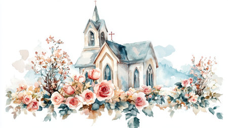 A beautiful watercolor illustration of a church adorned with blooming roses, showcasing serene architecture amidst vibrant floral elements, perfect for inspirational themes.の素材