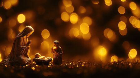 A serene nativity scene featuring Mary, Joseph, and baby Jesus, surrounded by a soft golden bokeh background that evokes warmth and peace during the holiday season.の素材