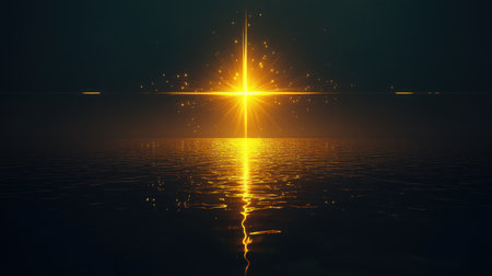A mesmerizing golden starburst illuminates a dark water surface, creating a serene and tranquil atmosphere. Perfect for artistic and abstract themes.の素材
