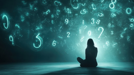 A solitary figure sits in a dimly lit space, surrounded by glowing numbers that represent concepts of mathematics and data. This artistic portrayal evokes a sense of contemplation and exploration of knowledge.の素材