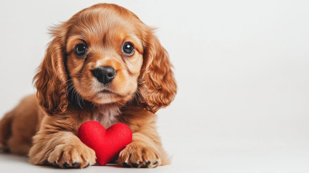 This adorable puppy rests with a heart-shaped toy, showcasing its playful nature and charm. Perfect for pet lovers and animal photography.の素材