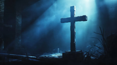 A serene and mystical cross stands in a dark cemetery, surrounded by atmospheric lighting that enhances the eerie ambiance, inviting reflection and contemplation.の素材