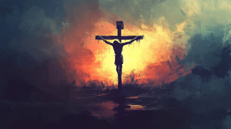 This stunning artwork depicts a silhouette of a crucifixion at sunset, highlighting dramatic colors and deep emotions, inviting reflection on faith and spirituality.の素材