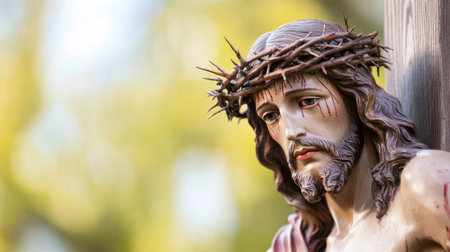 This close-up image captures a detail of Jesus wearing a crown of thorns, set against a softly blurred natural background, evoking themes of faith and suffering.の素材