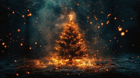 A beautifully lit Christmas tree stands in a dark forest, enveloped in magical sparks. The scene captures a mystical holiday atmosphere, evoking warmth and joy.の素材