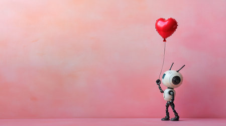 A charming robot holds a shiny heart balloon, creating a delightful scene. This playful image evokes feelings of love and joy against a soft pink background.の素材