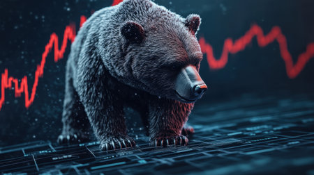 A striking image of a bear set against a backdrop of stock market data, illustrating concepts of finance and market decline. Perfect for economic themes.の素材