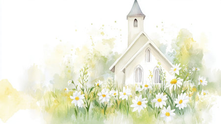 A serene watercolor illustration of a charming white church surrounded by blooming wildflowers, capturing the essence of springtime beauty in nature.の素材