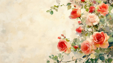 A beautiful vintage floral background featuring soft roses and green leaves. Ideal for art projects, invitations, or as a serene wallpaper design.の素材