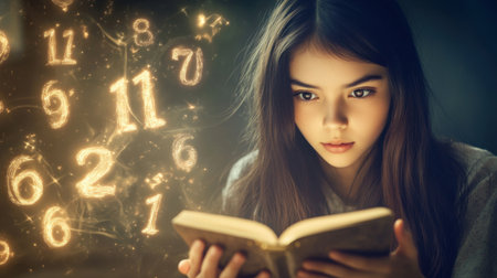 A young girl engrossed in reading a book, surrounded by luminous floating numbers, embodying a magical and whimsical atmosphere of knowledge and wonder.の素材
