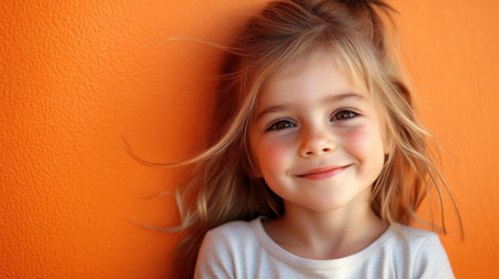 A delightful young girl with a charming smile poses against a vibrant orange wall, capturing the essence of childhood joy and innocence in a bright, playful atmosphere.の素材