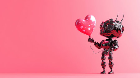 A charming robot character holds a heart-shaped balloon against a vibrant pink background. This image captures the essence of love, technology, and playful emotion.の素材