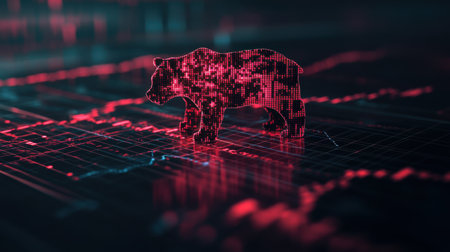 A digital representation of a bear symbolizes stock market trends, showcasing data and analysis. This abstract design captures the essence of financial insights.の素材
