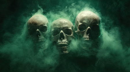 A haunting image featuring three realistic human skulls enveloped in green smoke. The interplay of light, shadow, and fog creates an eerie atmosphere perfect for Halloween themes and artistic explorations.の素材
