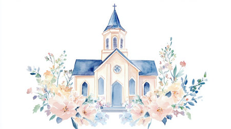 This beautiful watercolor illustration features a charming church surrounded by delicate floral accents in soft pastel colors, creating a serene and inviting scene.の素材