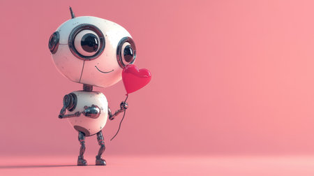 A charming robot character holds a heart-shaped balloon, set against a soft pink background. This whimsical image evokes feelings of love and joy, perfect for playful designs.の素材
