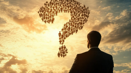 A businessman stands in silhouette against a vibrant sunset, gazing at a cloud of questioning figures, symbolizing uncertainty and decision-making in the professional journey.の素材