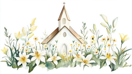 This watercolor artwork features a charming church nestled among vibrant blooming flowers, evoking feelings of serenity and tranquility in nature.の素材