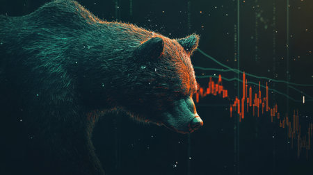 This striking image features a detailed bear portrait set against a backdrop of financial data, symbolizing market trends and analysis. Ideal for finance-themed projects.の素材
