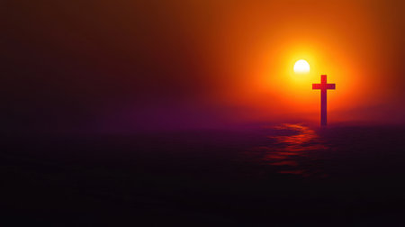 A stunning sunset silhouette of a wooden cross stands against a vibrant sky, casting a peaceful and serene atmosphere, perfect for spiritual themes.の素材