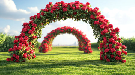 Stunning rose arches create a picturesque scene in a vibrant garden. Surrounded by lush greenery and a clear blue sky, this image evokes a sense of tranquility and beauty.の素材