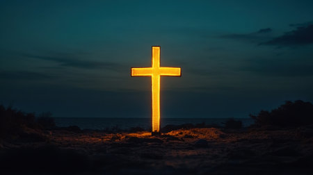 A stunning illustration of an illuminated cross at twilight, contrasting beautifully against a dark sky and ocean. The image evokes feelings of peace and spirituality.の素材
