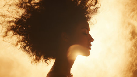 This image captures a stunning silhouette of a woman with curly hair against a softly glowing orange background, creating a serene and artistic atmosphere.の素材