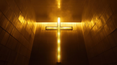 A striking illuminated cross shines in a dark, golden environment, creating a profound and serene atmosphere perfect for themes of faith and spirituality.の素材